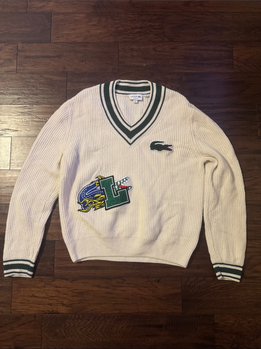 Men's Lacoste Holiday Comic Badge Striped V-neck Sweater